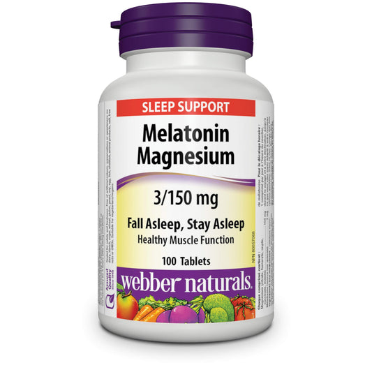 Webber Naturals Melatonin 3 mg with 150 mg of Magnesium, 100 Tablets, For Sleep Support, Muscle Function and Relaxation, Vegan