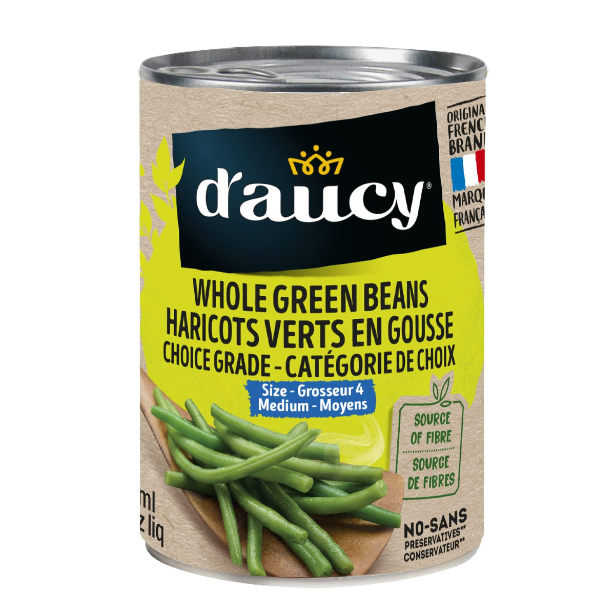 D'Aucy Whole Green Beans, Choice Grade, Source of Fibre, No Preservatives, Health and Delicious, Premium Quality, 398ml