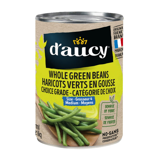 D'Aucy Whole Green Beans, Choice Grade, Source of Fibre, No Preservatives, Health and Delicious, Premium Quality, 398ml