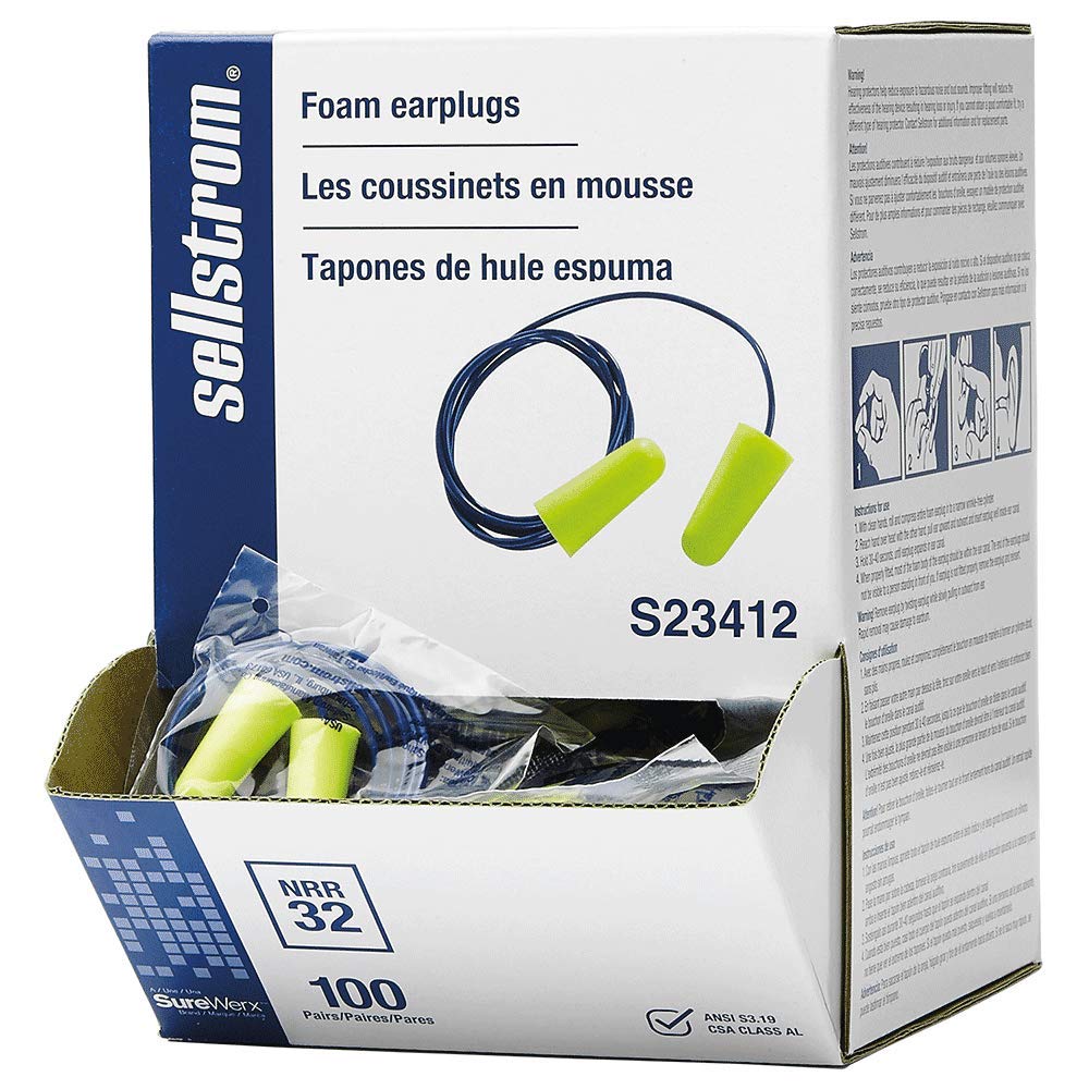 Sellstrom S23412 Foam Plug-Corded-100PR/Disp, Standard, Hi/Viz Green (Pack of 100)