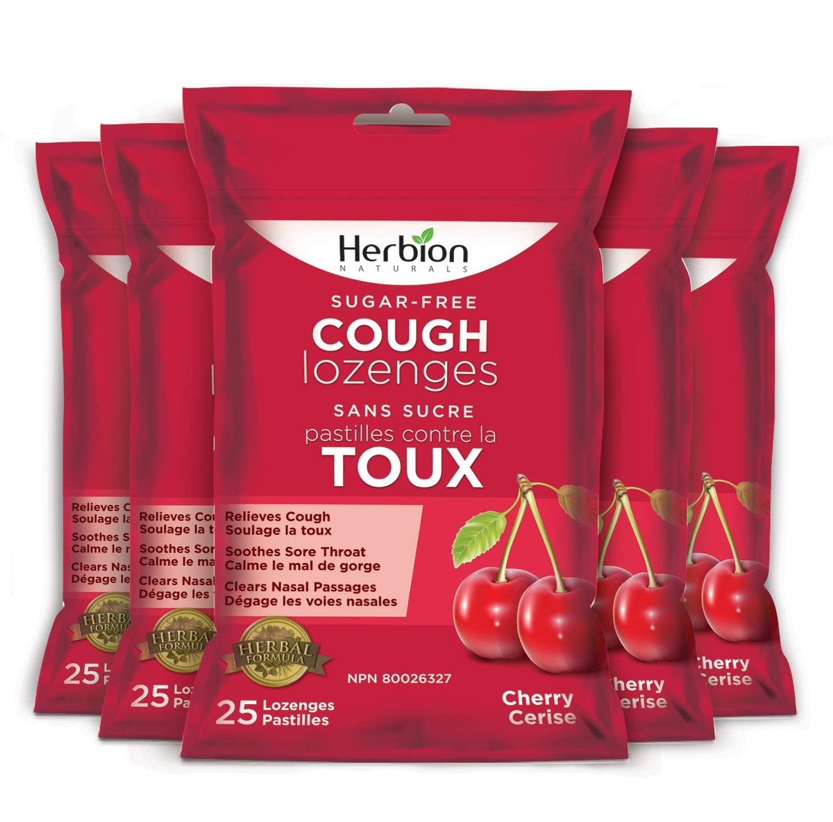 Herbion Naturals Sugar-Free Cough Lozenges with Natural Cherry Flavour, 25 Lozenges - Relieves Cough and Nasal Congestion; Soothes Sore Throat; For Adults and Children 12 years and above (Pack of 5, 125 Lozenges)