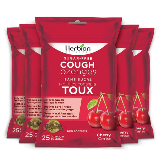 Herbion Naturals Sugar-Free Cough Lozenges with Natural Cherry Flavour, 25 Lozenges - Relieves Cough and Nasal Congestion; Soothes Sore Throat; For Adults and Children 12 years and above (Pack of 5, 125 Lozenges)