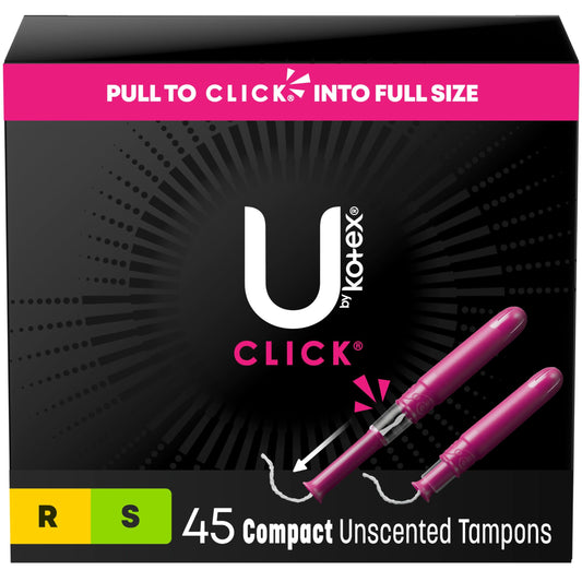 U by Kotex Click Compact Tampons, Duo Pack, Regular + Super Absorbency, Unscented, 45 Count