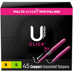 U by Kotex Click Compact Tampons, Duo Pack, Regular + Super Absorbency, Unscented, 45 Count