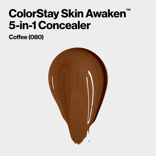 Revlon ColorStay Skin Awaken 5-in-1 Concealer, Lightweight, Creamy Longlasting Face Makeup with Caffeine & Vitamin C, For Imperfections, Dark Circles & Redness, 080 Coffee, 0.27 fl oz/ 8ml