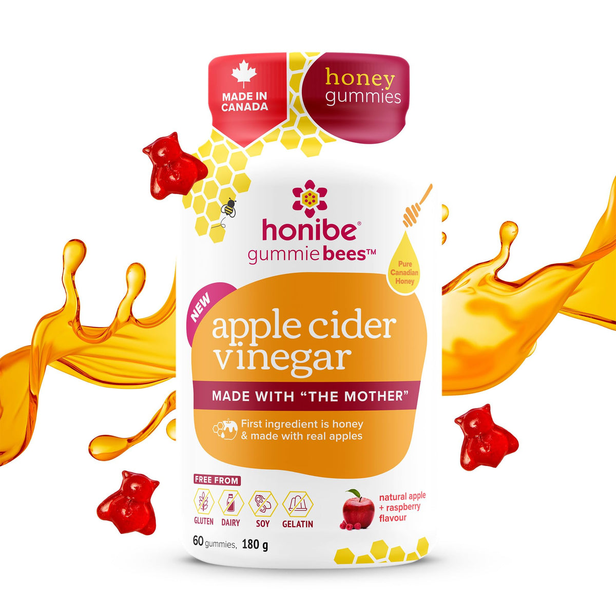 Honibe Apple Cider Vinegar Gummies for Kids and Adults | Honey-Based Vitamins Made in Canada | Made with "The Mother" | Vegetarian Chewable Vitamin D Supplements | 60 gummies