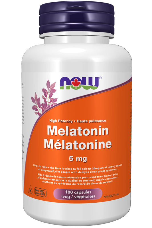 NOW Supplements, Melatonin 5 mg, Free Radical Scavenger, Healthy Sleep Cycle, 180 Veg Capsules
