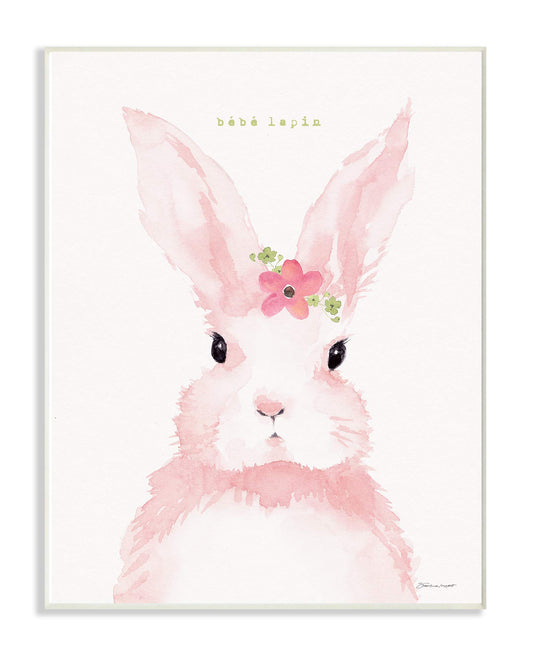 The Stupell Home Decor Baby Lapin French Pink Watercolor Bunny with Flower Wall Plaque Art, Multi-Color