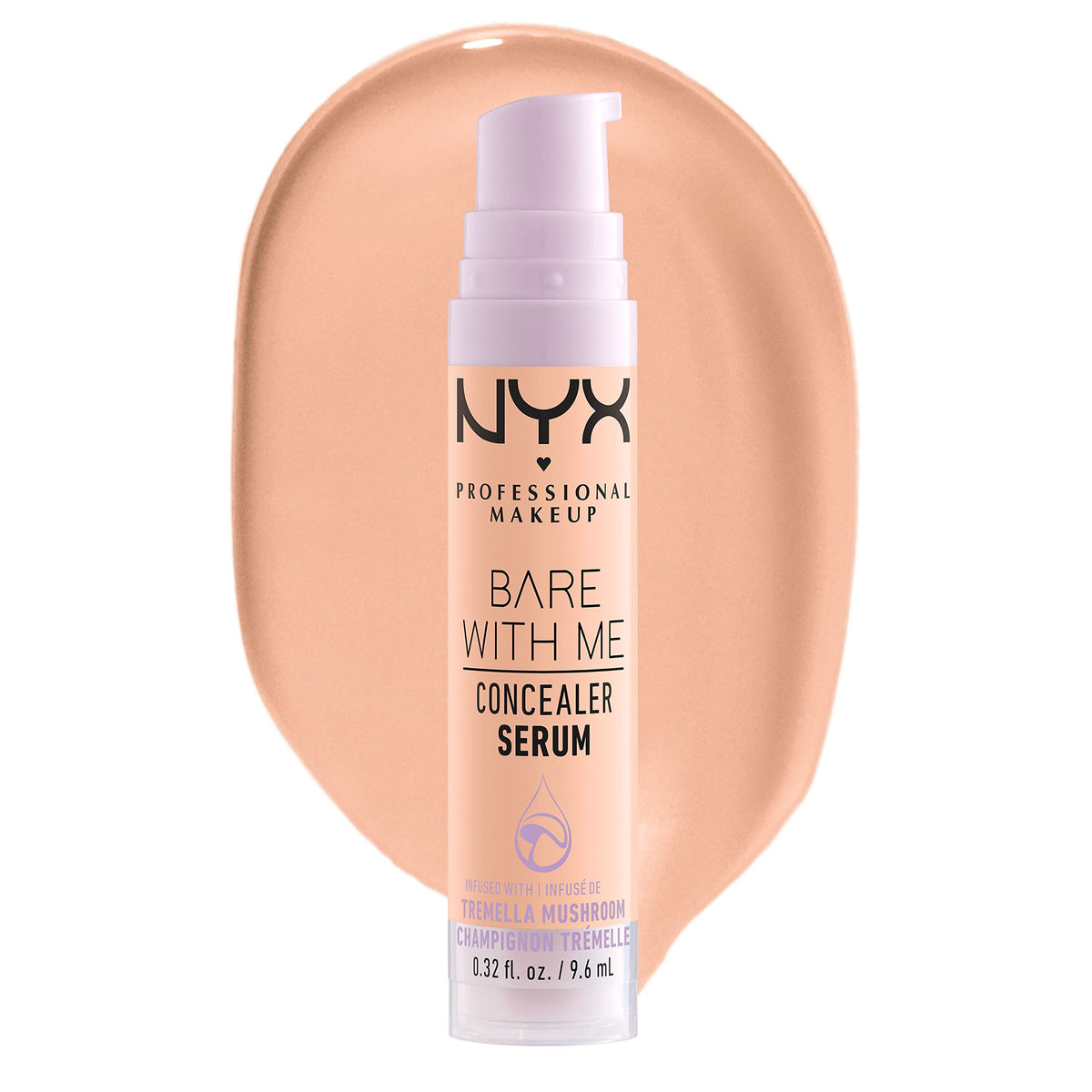 NYX Professional Makeup Concealer, Under eye concealer, Bare With Me Serum, Satin and Natural Finish, Infused with Tremella Mushroom and Green tea for 24HR Hydration, Vegan Formula - 2.5 Medium Vanilla, 9.6mL