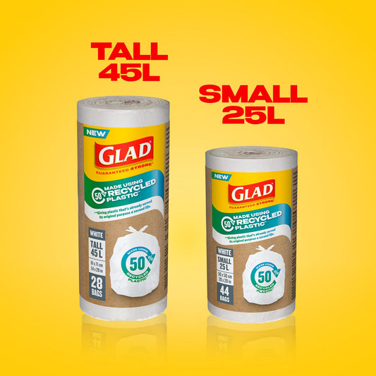 Glad White Garbage Bags - Small 25 Litres - Made using 50% Recycled Plastic, 44 Trash Bags