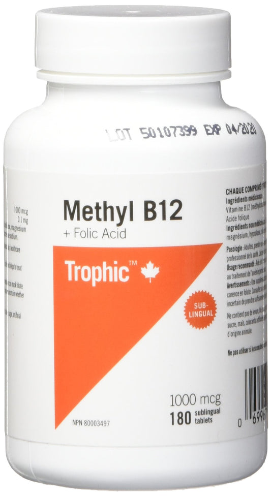 Trophic Methyl B12 + Folic Acid, 180's. Used in the regulation and formation of red blood cells. Helps in the utilization of Iron. Folic Acid is essential in the synthesis of DNA and RNA, reproduction and growth.