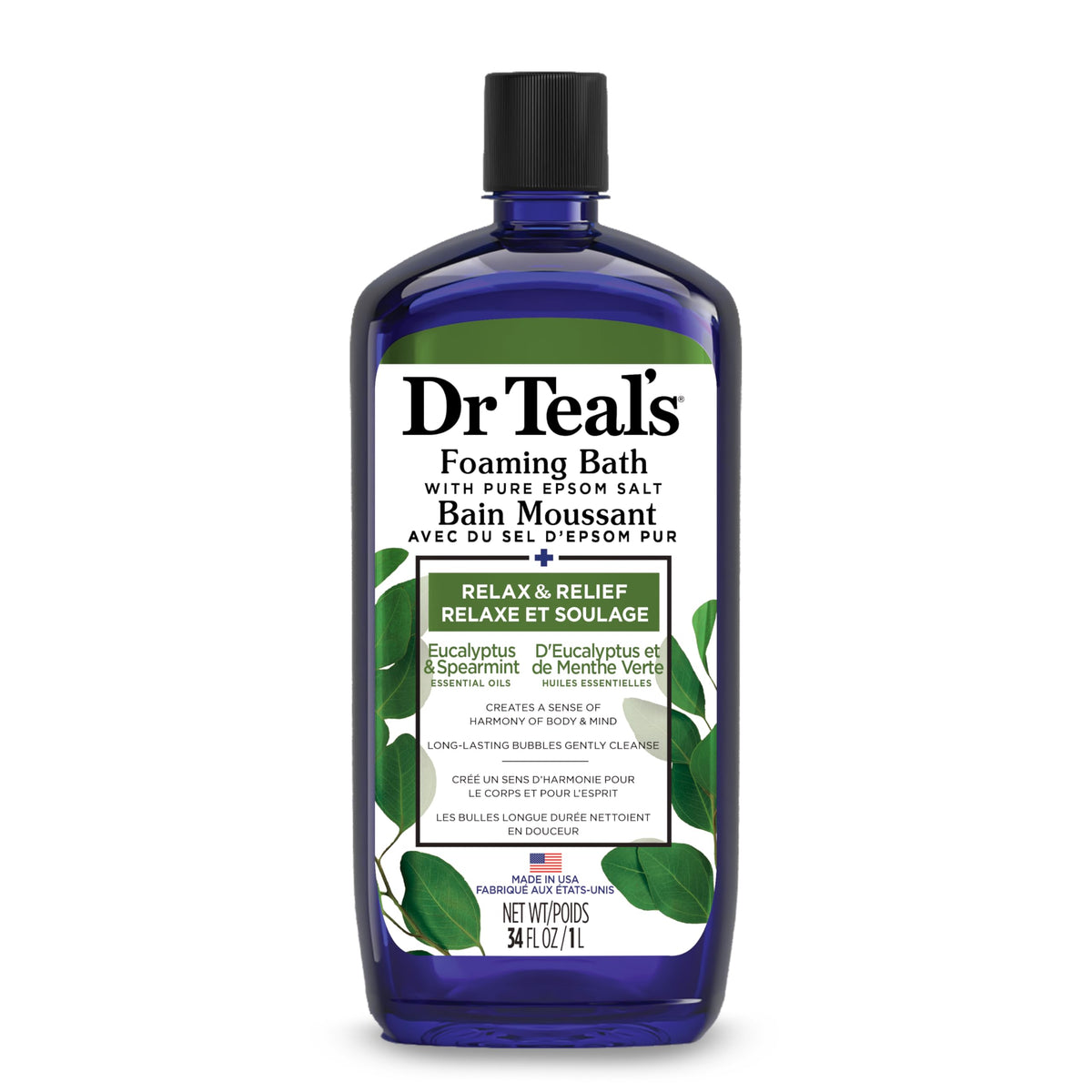 Dr Teal’s Foaming Bath with Pure Epsom Salt, Relax & Relief with Eucalyptus & Spearmint, 34 fl oz (Packaging May Vary)