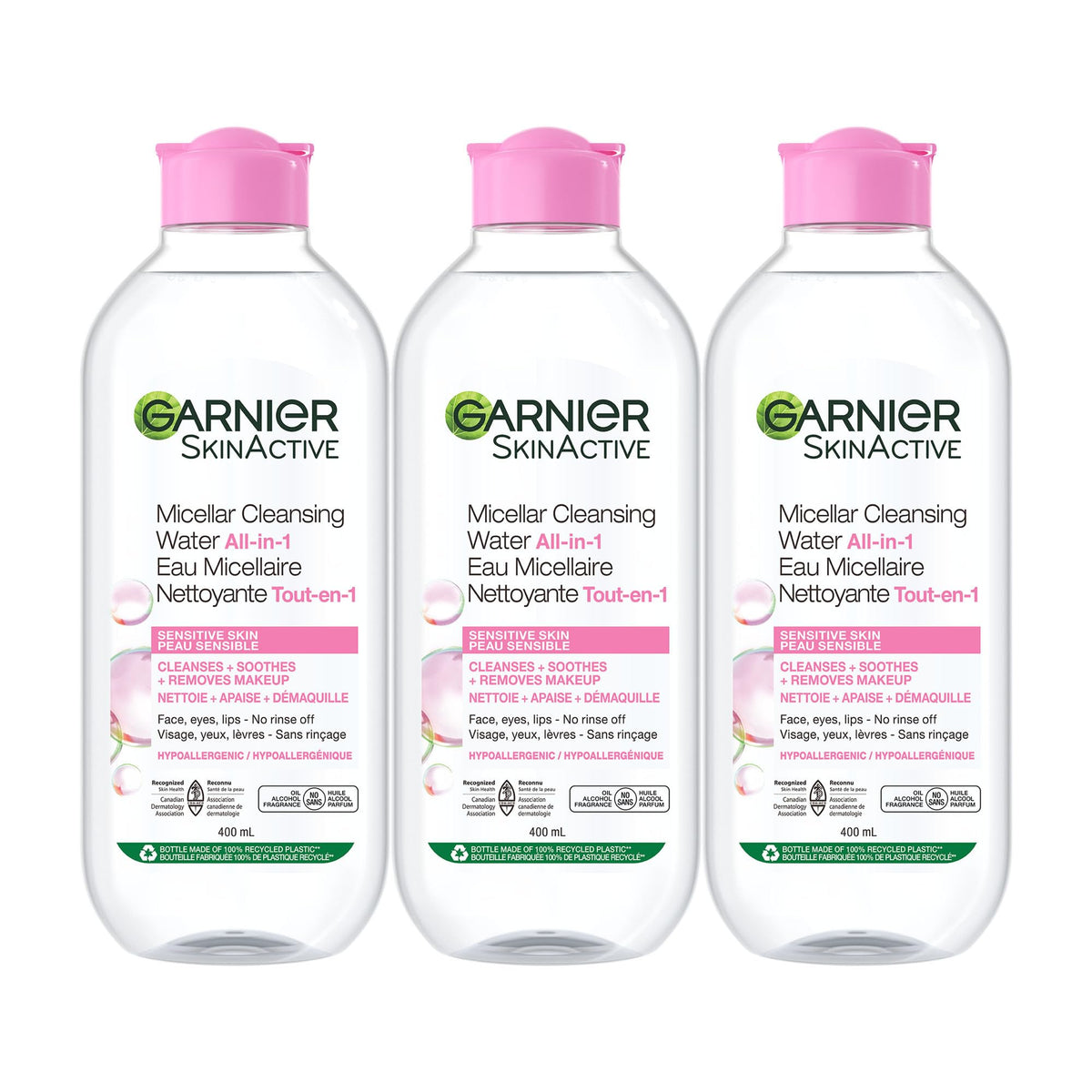 GARNIER Micellar Cleansing Water, All-In One Makeup Remover + Face Cleanser, Hypoallergenic, All Skin Types Even Sensitive Skin, Pack of 3 (3 x 400mL)