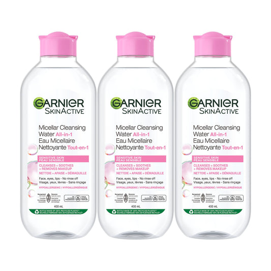 GARNIER Micellar Cleansing Water, All-In One Makeup Remover + Face Cleanser, Hypoallergenic, All Skin Types Even Sensitive Skin, Pack of 3 (3 x 400mL)