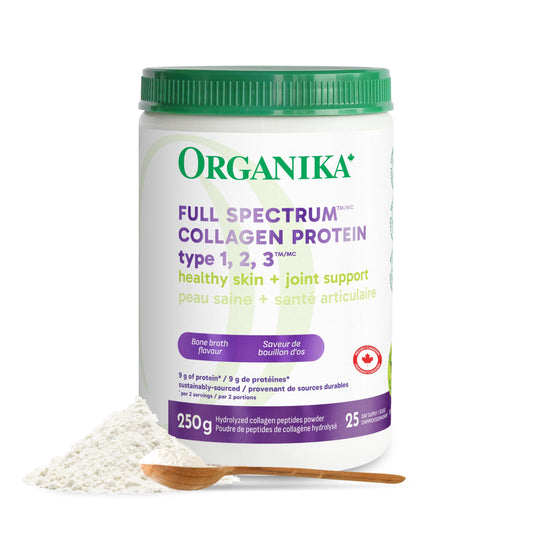 Organika Canadian-Made Full Spectrum Collagen Type 1, 2, 3- Bovine, Marine, and Chicken Collagen Combination- Joint Support, Gut Health Support- Mild Bone Broth Flavour, 250g
