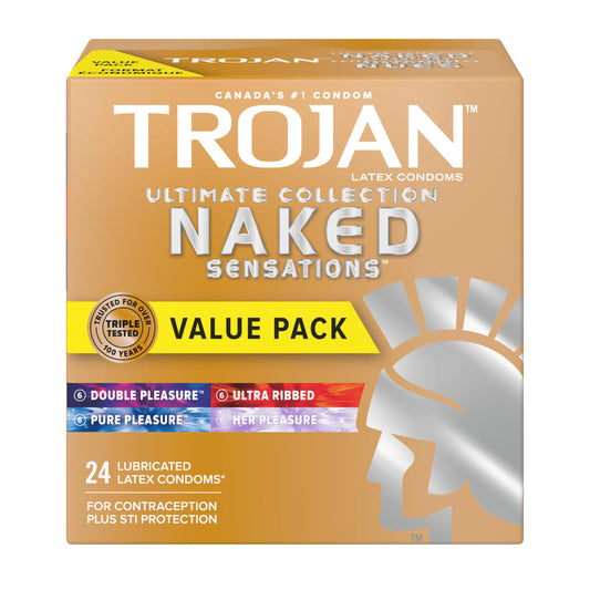 Trojan Naked Sensations Ultimate Collection Variety Pack Lubricated Latex Condoms, Assortment of Naked Sensation Condoms - Ultra Ribbed, Pure Pleasure, Double Pleasure, and Her Pleasure, 24 Count (Pack of 1)