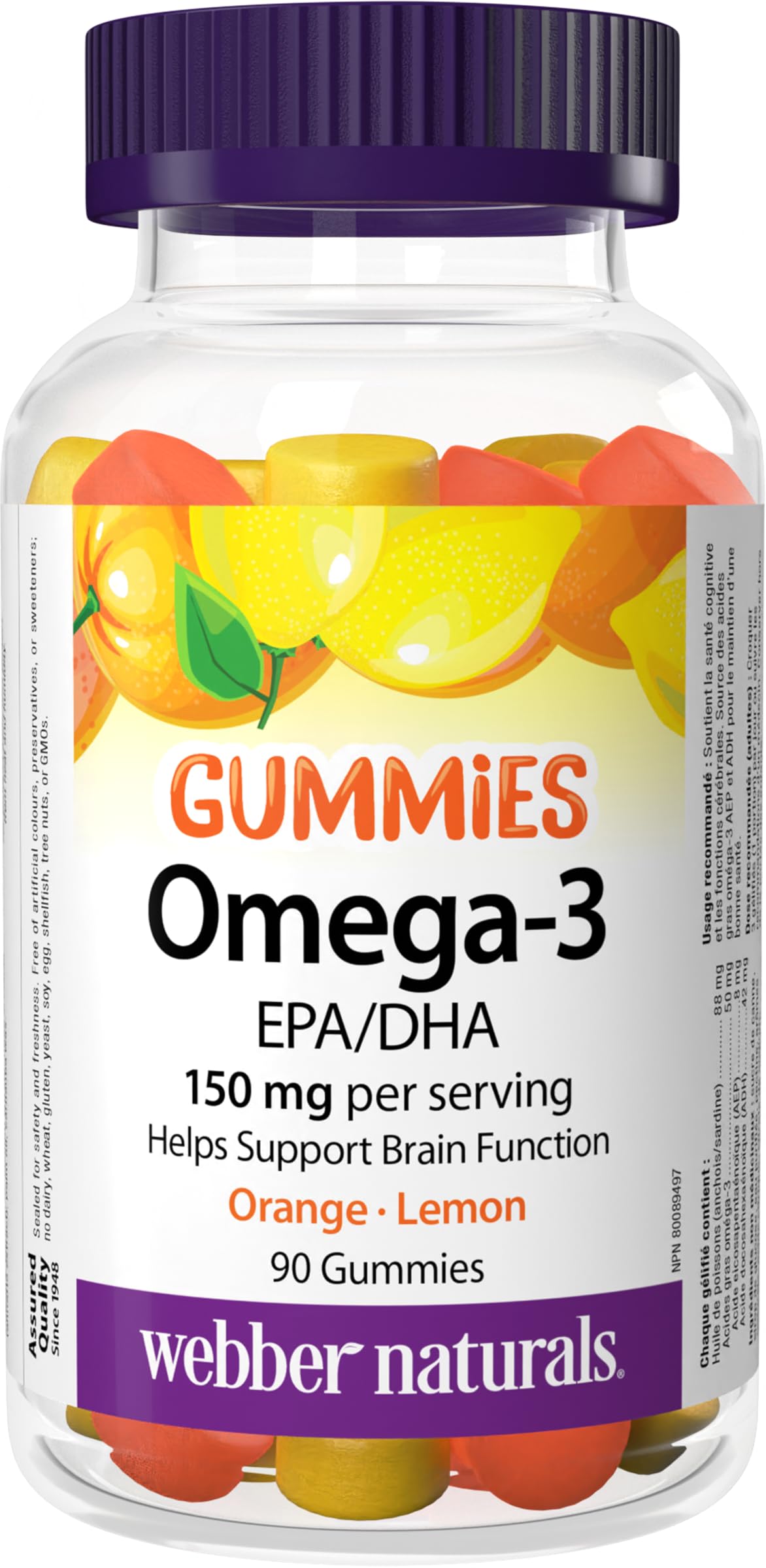 Webber Naturals Omega-3 Gummy, Providing 150 mg of Omega-3 Per Serving, No Fishy Aftertaste, Brain Support, Orange & Lemon Flavour, 90 Gummies