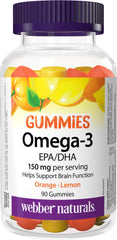 Webber Naturals Omega-3 Gummy, Providing 150 mg of Omega-3 Per Serving, No Fishy Aftertaste, Brain Support, Orange & Lemon Flavour, 90 Gummies