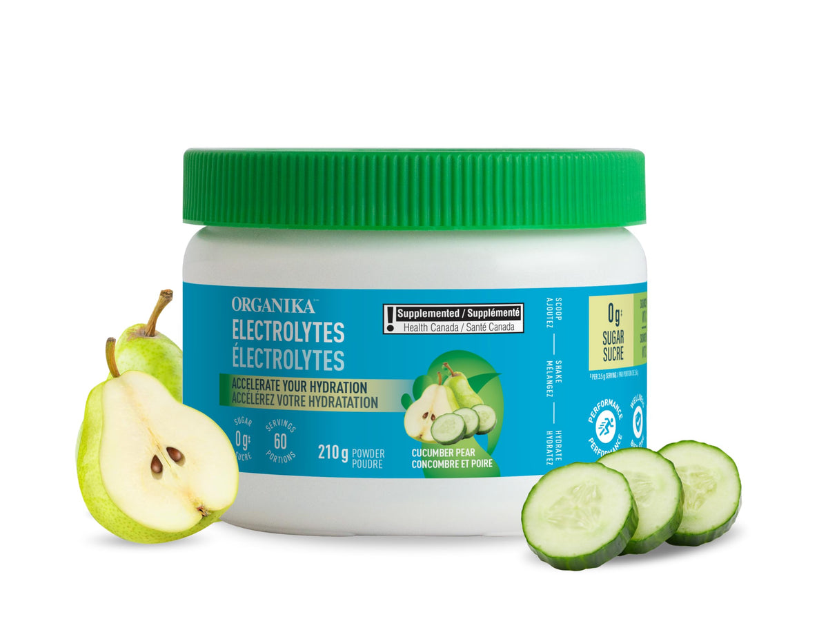 Organika Canadian-Made Electrolytes Powder - Cucumber Pear - Sugar-Free Hydration and Electrolyte Replenishment with Prebiotics and Vitamin C - 210g - 60 servings