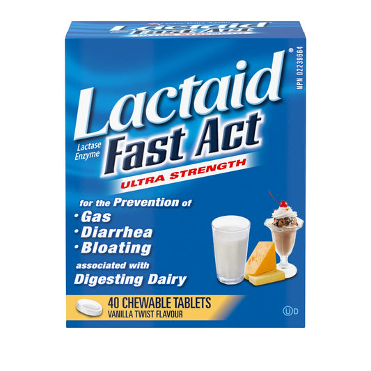Lactaid Fast Act Ultra Strength Lactase Enzyme, Vanilla Twist Flavour, 40 Chewable Tablets