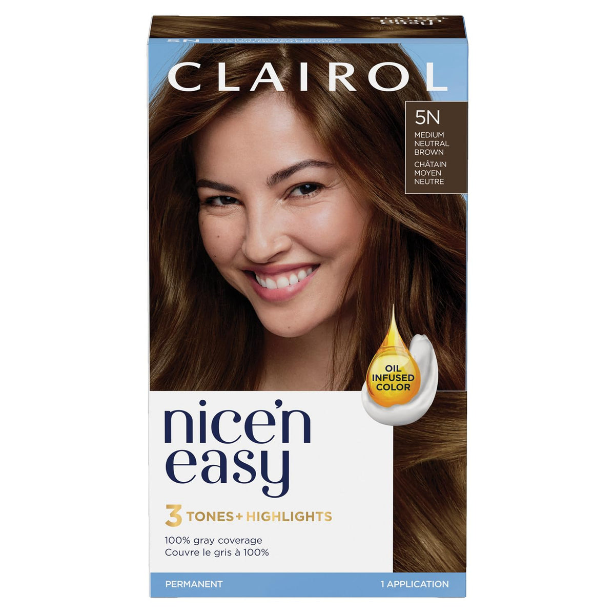 Clairol Nice'n Easy Permanent Hair Dye, 5N Medium Neutral Brown | 100% Grey Coverage | Long‑Lasting, Natural‑Looking Colour & Shine |Pack of 1