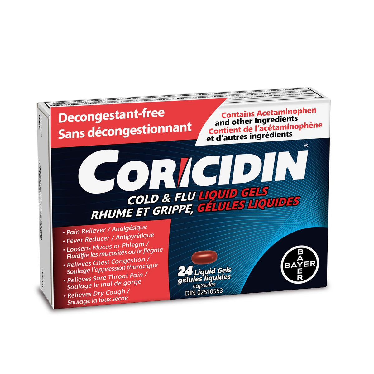 Coricidin II Decongestant Free Cough and Cold Medicine - Cough, cold and flu medicine for adults – Effective Symptom Relief From Sore Throat, Cough, Chest Congestion, Fever, and Headaches, 24 Liquid Gels