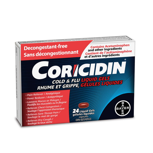 Coricidin II Decongestant Free Cough and Cold Medicine - Cough, cold and flu medicine for adults – Effective Symptom Relief From Sore Throat, Cough, Chest Congestion, Fever, and Headaches, 24 Liquid Gels