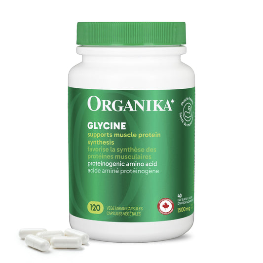 Organika Canadian-Made Glycine - Proteinogenic Amino Acid - Aids Protein Synthesis, Collagen Formation, Joint and Muscle Health, Calming Effect - 120caps