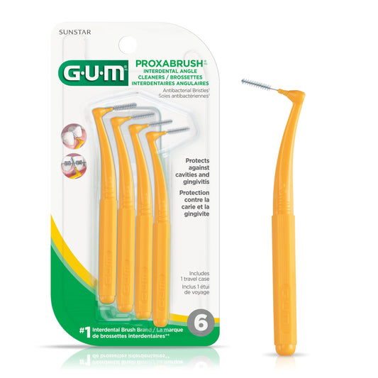 GUM Proxabrush® Angled Interdental Cleaners, Antibacterial Bristles, 1 Travel Case, 3012D, Yellow, Ultra Fine, 6 Count
