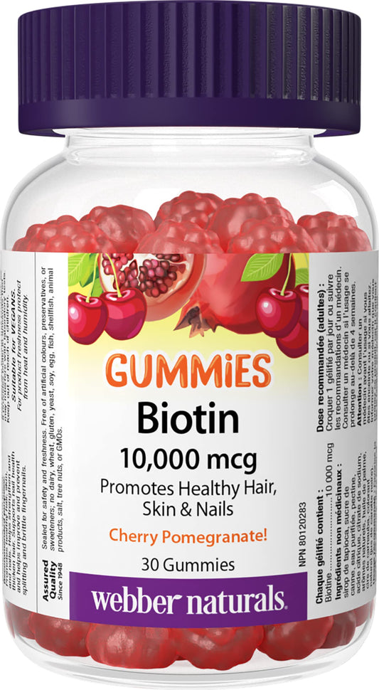 Webber Naturals Biotin Extra Strength Gummy, 10,000 mcg of Biotin Per Gummy, 30 Gummies, Supports Healthy Hair, Skin & Nails, Vegan