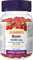 Webber Naturals Biotin Extra Strength Gummy, 10,000 mcg of Biotin Per Gummy, 30 Gummies, Supports Healthy Hair, Skin & Nails, Vegan