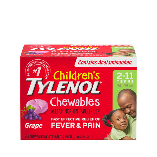 Children's Tylenol Chewables with 160 mg Acetaminophen, Pain Reliever & Fever Reducer for Kids' due to immunizations, colds, flu, headache, toothache, minor muscle aches, pains or sprains, Grape Flavor, 20 Count