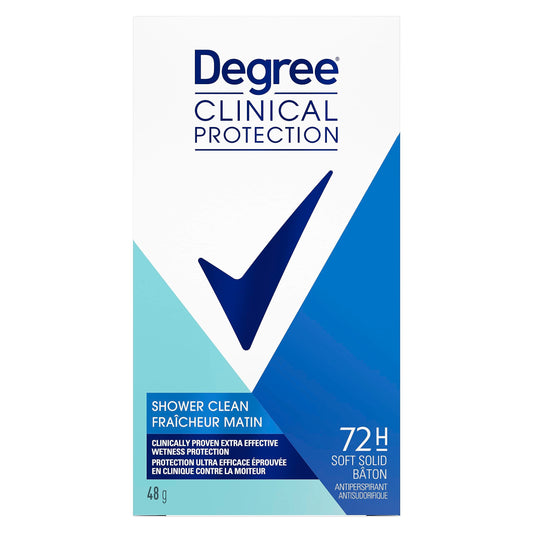 Degree Clinical Protection Soft Solid Antiperspirant Stick, Shower Clean, for 72-hour Sweat and Odour Protection, 48g