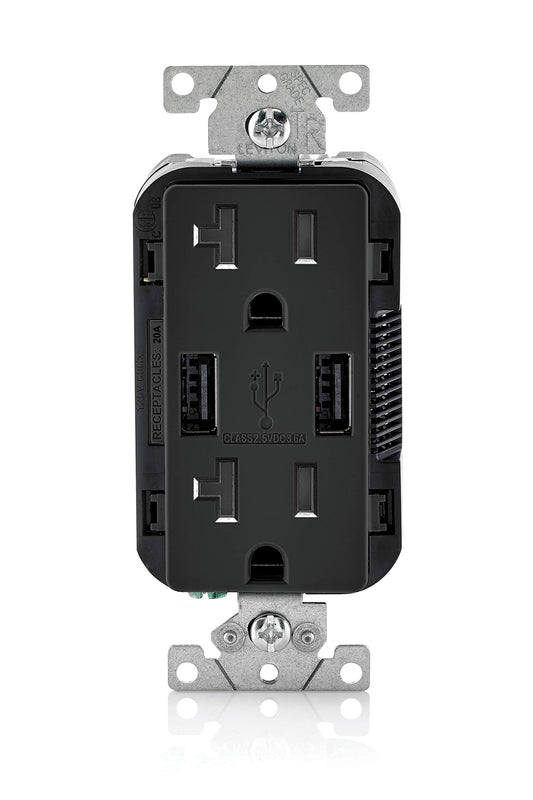 Leviton Duplex USB Charger 3.6 Amp/Tamper Resistant Receptacle 20 Amp, T5832-0BE, Black