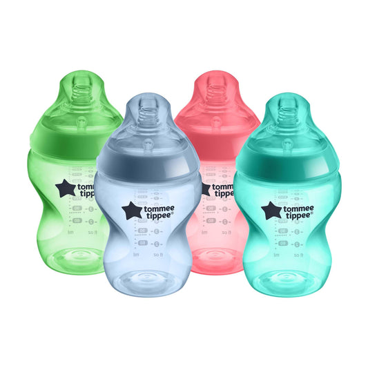 Tommee Tippee Closer to Nature Baby Bottles | Slow Flow Breast-Like Nipple with Anti-Colic Valve (9oz, 4 Count) | Fiesta Fun Time