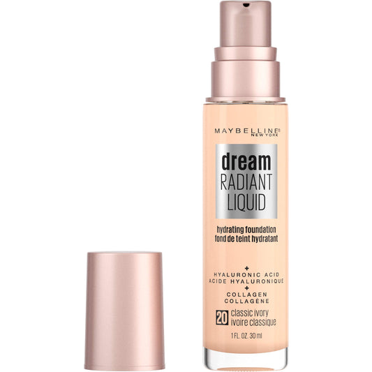 Maybelline Dream Radiant Liquid Medium Coverage Hydrating Makeup, Lightweight Liquid Foundation, Classic Ivory, 1 Fl; Oz
