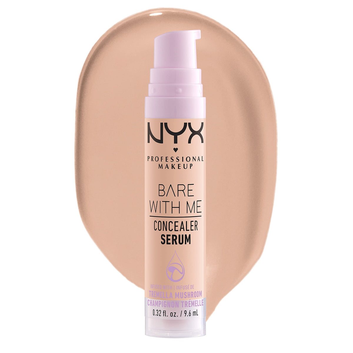 NYX Professional Makeup Concealer, Under eye concealer, Bare With Me Serum, Satin and Natural Finish, Infused with Tremella Mushroom and Green tea for 24HR Hydration, Vegan Formula - 02 Light, 9.6mL