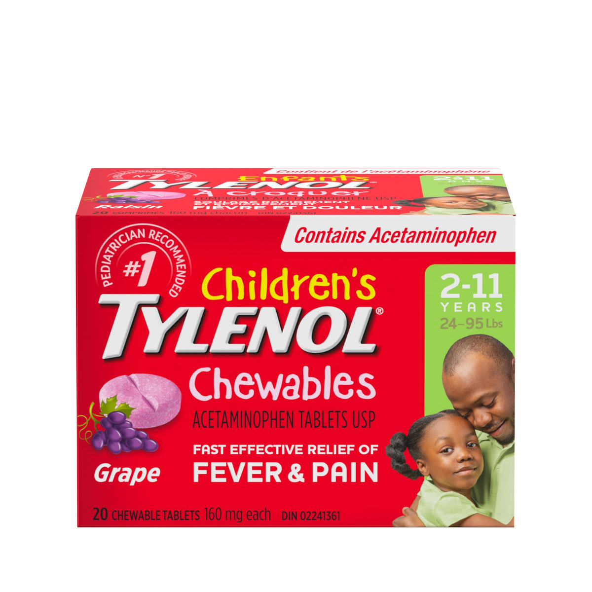 Tylenol Children's Chewables Fever and Pain Relief, Grape Flavour, 160 mg Acetaminophen, 20 Tablets, Toothache Pain Relief