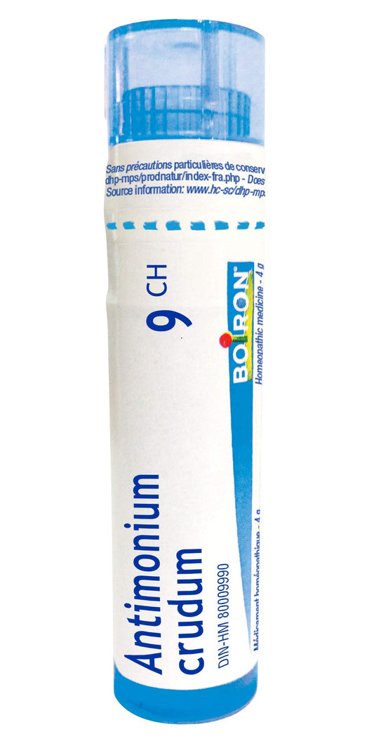 Boiron Antimonium Crudum 9CH,Homeopathic medicine. Each tube contains 4 g (approximately 80 pellets)