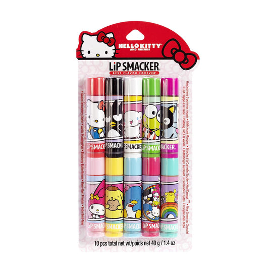 Lip Smacker Sanrio Hello Kitty and Friends 10 Piece Flavored Lip Balm Party Pack, Clear Matte, For Kids, Men, Women, Dry Lips, My Melody, Little Twin Stars, and Chococat