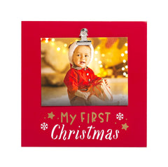 Pearhead My First Christmas Frame, Holiday Home Decor, Baby's First Christmas Keepsake Picture Frame, Clip Wall and Tabletop Photo Frame, Red