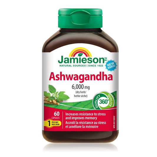 Jamieson High-Potency Ashwagandha 6,000 mg, Increases Resistance to Stress, Adaptogen, and Enhances Memory. Non-GMO, Vegetarian, Gluten-Free, Only One Per Day, 60 Capsules
