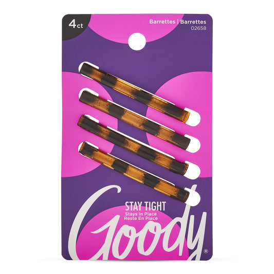 Goody Stay Tight Hair Barrettes, 4 Count, Mock Tortoise - SlideProof Flat Clips, Comfortable & Versatile Styling Accessories for Women, Men, Boys & Girls, Clips for All Hair Types