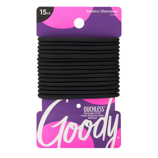 Goody Ouchless Hair Elastics – No Pull, No Breakage, Tangle-Free Hold for Thick, Curly, Coily & Textured Hair – 15 Count, Black, Long-Lasting Ponytail Holders for Women & Men