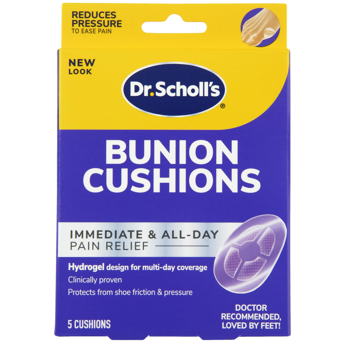 Dr. Scholl's BUNION CUSHION with Duragel Technology, 5ct. Cushioning Protection Against Shoe Pressure and Friction That Fits Easily in Any Shoe For Immediate and All-Day Pain Relief
