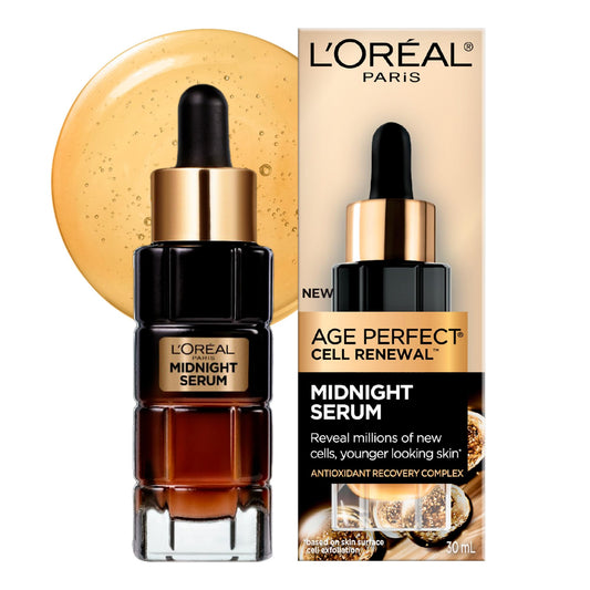 L'Oréal Paris Midnight Serum for Face, Vitamin E Serum, Skincare with Hyaluronic Acid, Antioxidants and Vitamin E, Age Perfect Cell Renewal, 30 ml