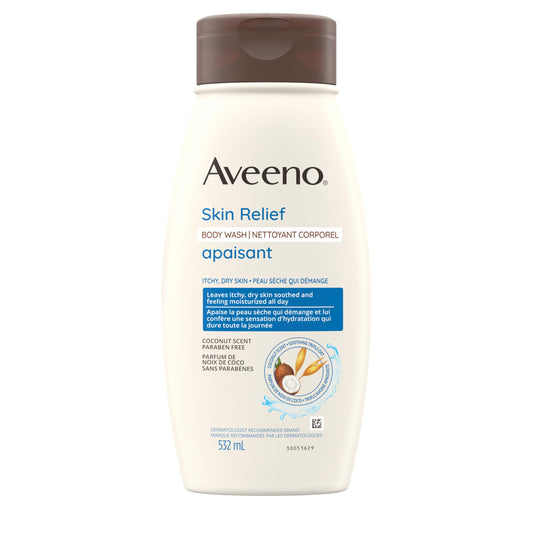 Aveeno Skin Relief Body Wash with a Gentle Coconut Scent & Triple Oat Formula, Daily Cleanser for Sensitive Skin Leaves Itchy, Dry Skin Feeling Soothed & Moisturized, Soap-Free, 532 mL