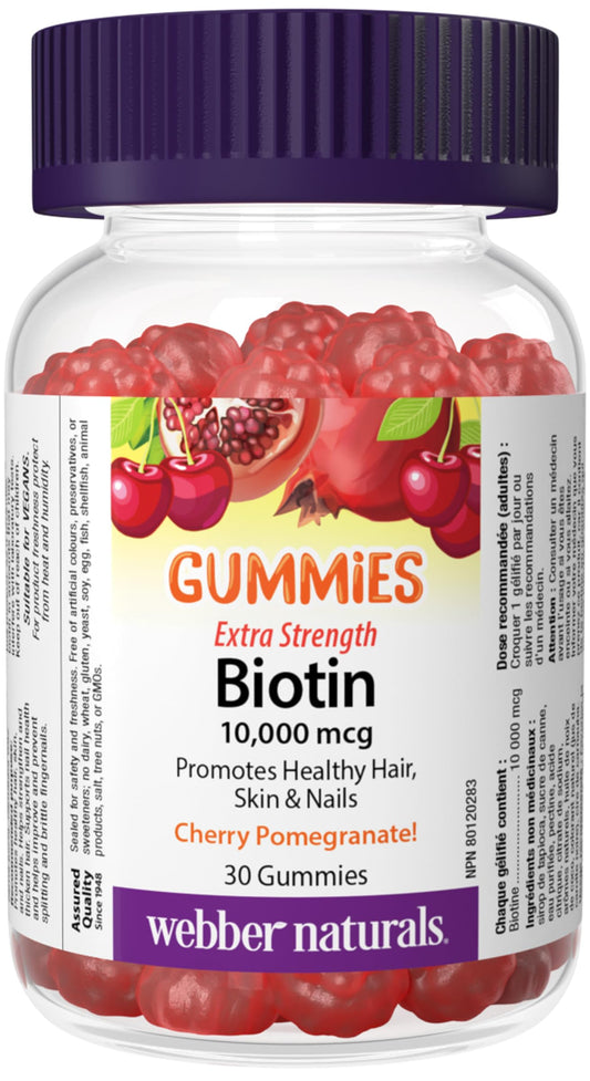 Webber Naturals Biotin Extra Strength Gummy, 10,000 mcg of Biotin Per Gummy, 30 Gummies, Supports Healthy Hair, Skin & Nails, Vegan