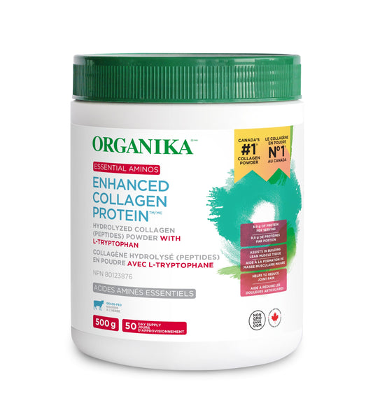 Organika Canadian-Made Enhanced Collagen Protein Essential Aminos - Complete Essential Amino Profile for Muscle Growth and Recovery, Joint Support, and Skin Hydration, Unflavoured - 500g 50 Servings