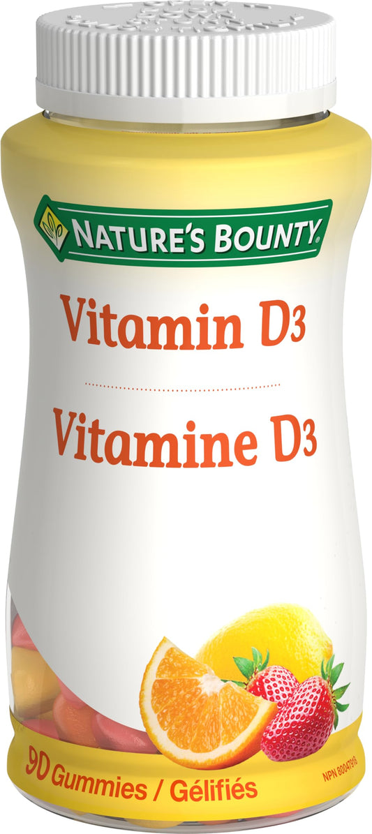 Nature's Bounty Vitamin D3 1000 IU Mineral Supplement, Helps Support Bone Health, Strawberry Orange & Lemon Flavoured, 90 Gummies